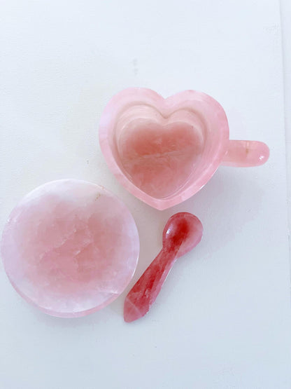 Deko Rosenquarz Herz Tasse Kristall Becher mit Teller und Löffel SET. Rosequartz Heart Cup Mug ca. cm - Handcarved