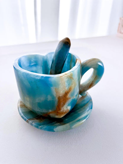 Deko Blaue Onyx / Blauer gebänderter Calcit Herz Tasse Kristall Becher mit Teller und Löffel SET . Blue Onyx / Calcite Heart Cup Mug ca. cm - Handcarved