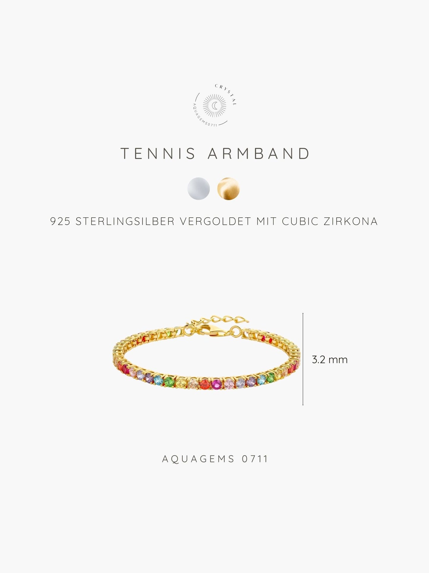 Tennisarmband Rainbow mit Cubic bunten Zirkona und Herz Anhänger - 925 Sterlingsilber vergoldet