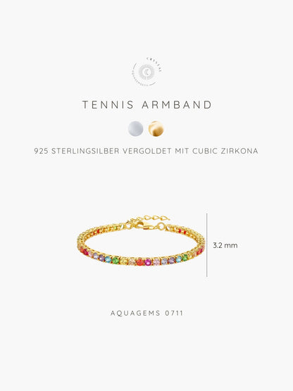 Tennisarmband Rainbow mit Cubic bunten Zirkona und Herz Anhänger - 925 Sterlingsilber vergoldet