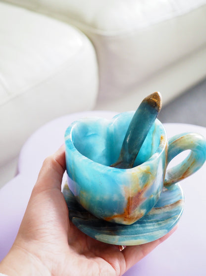 Deko Blaue Onyx / Blauer gebänderter Calcit Herz Tasse Kristall Becher mit Teller und Löffel SET . Blue Onyx / Calcite Heart Cup Mug ca. cm - Handcarved