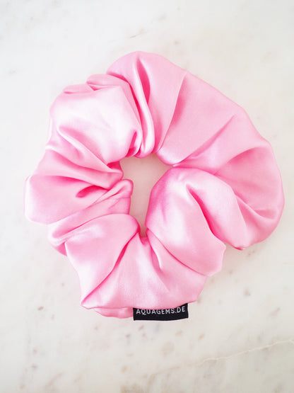 CRYSTAL SCRUNCHIE 100% Maulbeerseiden Haargummi mit Kristall Tasche & Schwarzem Turmalin  - GIRLY ROSA