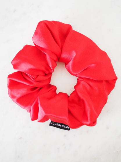 CRYSTAL SCRUNCHIE 100% Maulbeerseiden Haargummi mit Kristall Tasche & Schwarzem Turmalin - XMAS RED . Rot