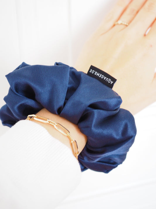 CRYSTAL SCRUNCHIE 100% Maulbeerseiden Haargummi mit Kristall Tasche & Schwarzem Turmalin - DARK NAVY . Marine Blau