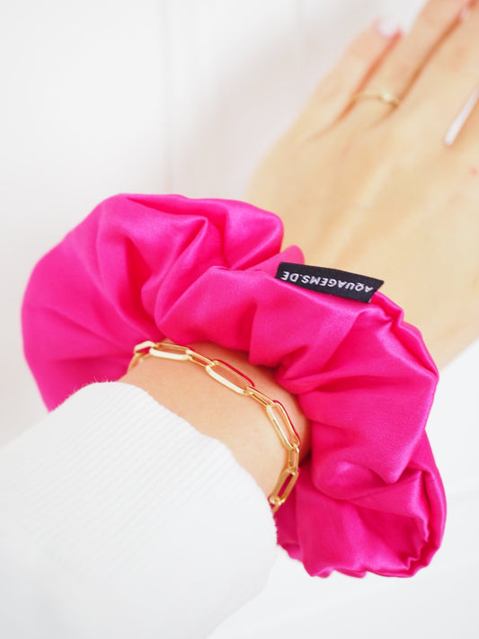 CRYSTAL SCRUNCHIE 100% Maulbeerseiden Haargummi mit Kristall Tasche & Schwarzem Turmalin - HOT PINK