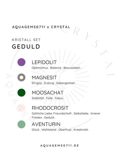 Kristall Set Geduld . CRYSTAL KIT PATIENCE . Lepidolite . Magnesit . Moosachat . Rhodochrosit . Aventurin