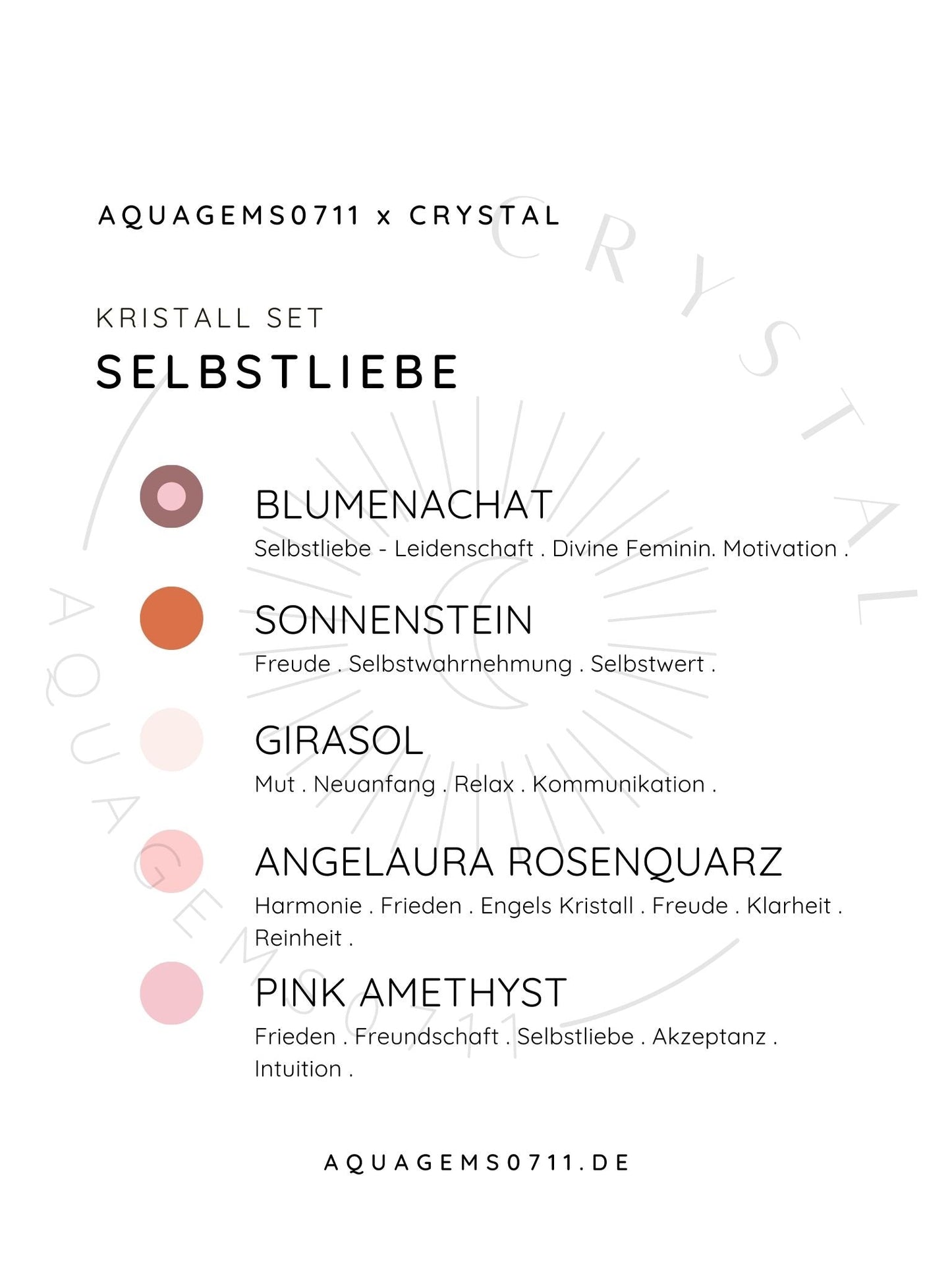 Kristall Set Selbstliebe . CRYSTAL KIT SELFLOVE . Blumenachat . Sonnenstein . Girasol . AngelAura Rosenquarz . Pink Amethyst.