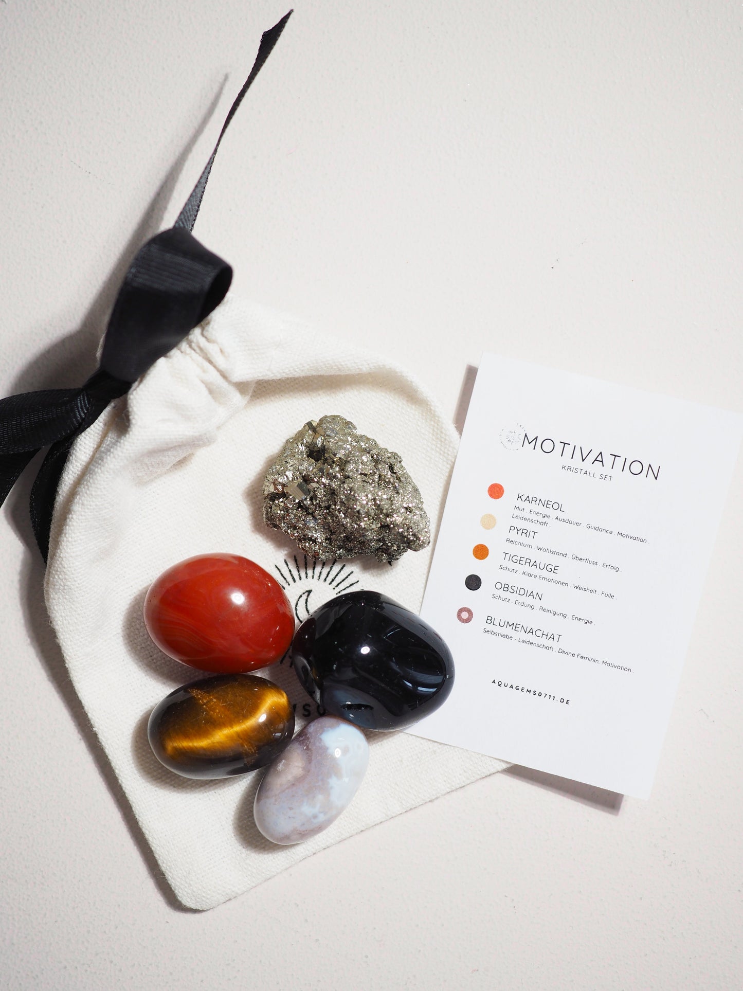 Kristall Set Motivation . CRYSTAL KIT MOTIVATION . Karneol . Pyrit . Tigerauge . Obsidian . Blumenachat